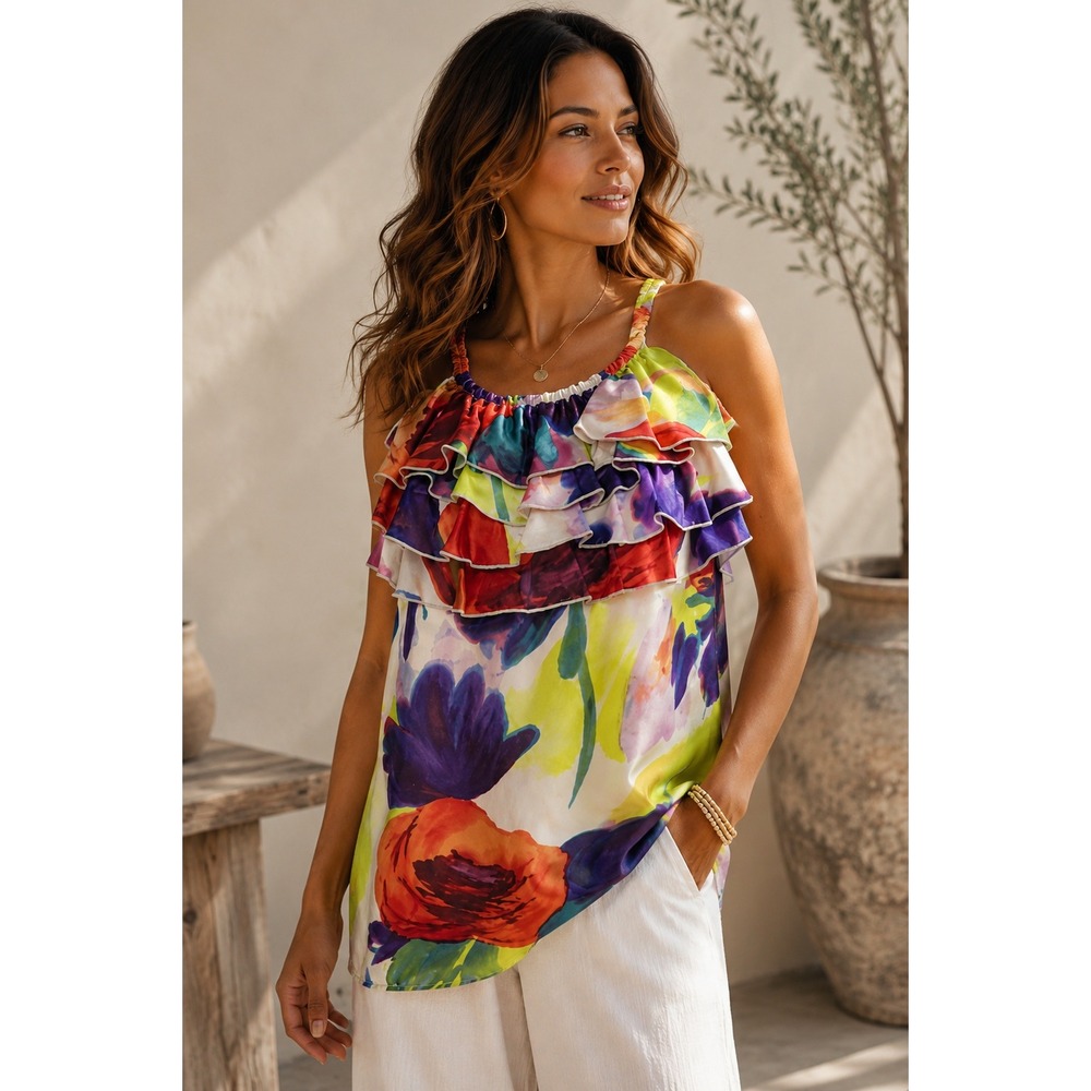 Karen Kane Silk‎ Multicolor Floral Ruffle Tank Blouse L Boho Resort Statement
